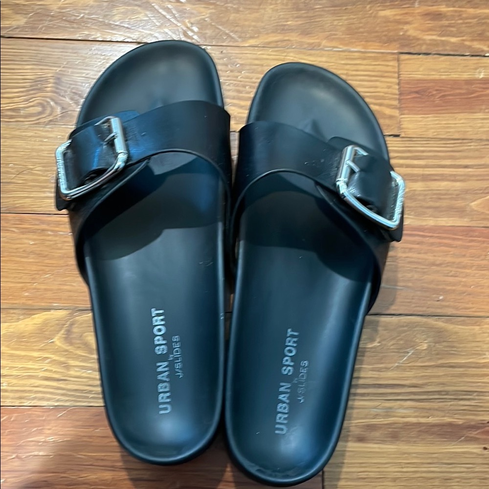 Urban Sport Black Slide Sandals with Silver Buckle
